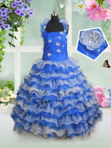 Custom Design Blue And White Child Pageant Dress Quinceanera and Wedding Party with Beading and Appliques and Ruffled Layers Halter Top Sleeveless Lace Up