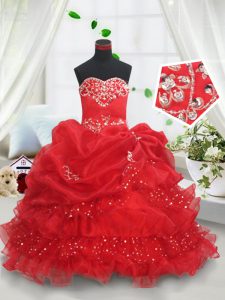 Sequins Pick Ups Ruffled Floor Length Red Little Girls Pageant Dress Wholesale Sweetheart Sleeveless Lace Up