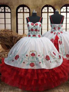 Ruffled Floor Length Ball Gowns Sleeveless White and Red Pageant Gowns For Girls Lace Up