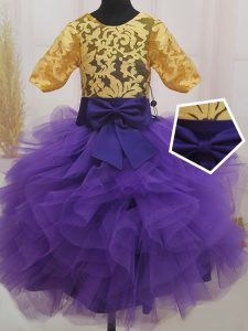 Eggplant Purple and Gold Ball Gowns Scoop Short Sleeves Tulle Mini Length Zipper Lace and Ruffles and Bowknot Child Pageant Dress