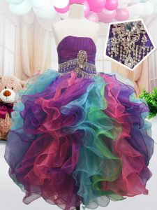 Sleeveless Organza Floor Length Zipper Pageant Gowns For Girls in Multi-color with Beading and Ruffles