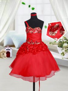 Cute Red Organza Lace Up One Shoulder Sleeveless Mini Length Child Pageant Dress Sequins and Hand Made Flower
