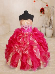 Adorable Red Ball Gowns Beading and Ruffles Little Girls Pageant Gowns Lace Up Organza Sleeveless Floor Length
