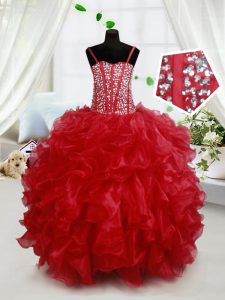 Red Sleeveless Organza Lace Up Kids Formal Wear for Quinceanera and Wedding Party