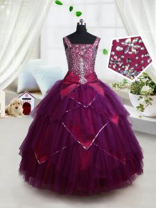 Wonderful Dark Purple Tulle Lace Up Square Sleeveless Floor Length Kids Pageant Dress Beading and Ruffles and Belt