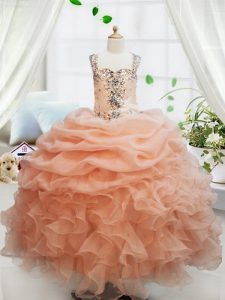 Straps Sleeveless Floor Length Beading and Ruffles and Pick Ups Zipper Girls Pageant Dresses with Orange