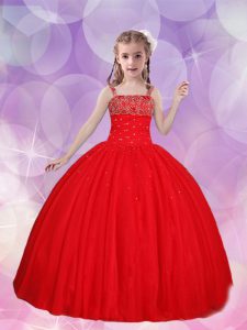 Red Tulle Lace Up Straps Sleeveless Floor Length Little Girls Pageant Dress Wholesale Beading