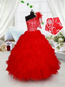 One Shoulder Red Lace Up Little Girls Pageant Gowns Beading and Ruffles and Hand Made Flower Sleeveless Floor Length