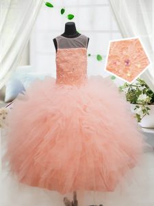 Peach Ball Gowns Scoop Sleeveless Tulle Floor Length Zipper Beading and Lace and Ruffles Child Pageant Dress