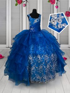 Fancy Scoop Beading and Lace and Ruffled Layers Kids Pageant Dress Royal Blue Lace Up Sleeveless Floor Length