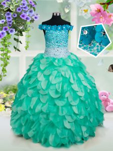 Off The Shoulder Sleeveless Lace Up Pageant Gowns For Girls Turquoise Organza