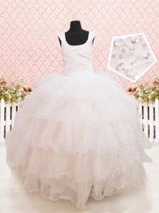 Beauteous Scoop Floor Length Lace Up Pageant Gowns For Girls White for Quinceanera and Wedding Party with Beading and Ruffled Layers and Sequins