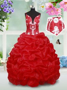 Elegant Red Organza Lace Up Spaghetti Straps Sleeveless Floor Length Girls Pageant Dresses Beading and Pick Ups and Hand Made Flower