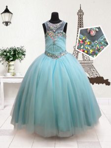 Scoop Floor Length Zipper Pageant Gowns For Girls Aqua Blue for Quinceanera and Wedding Party with Beading