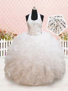 Trendy Halter Top White Ball Gowns Beading and Ruffles Little Girls Pageant Dress Wholesale Lace Up Organza Sleeveless Floor Length