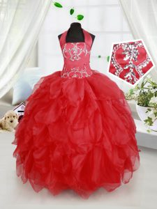 Lovely Halter Top Sleeveless Floor Length Beading and Ruffles Lace Up Little Girls Pageant Gowns with Red
