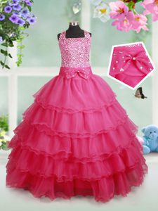 Eye-catching Hot Pink Zipper Halter Top Beading and Ruffled Layers and Bowknot Girls Pageant Dresses Organza Sleeveless