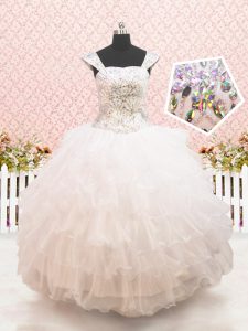 White Little Girl Pageant Dress Quinceanera and Wedding Party with Beading and Ruffled Layers Straps Cap Sleeves Lace Up