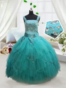 Square Sleeveless Lace Up Floor Length Beading and Ruffles and Belt Pageant Gowns For Girls