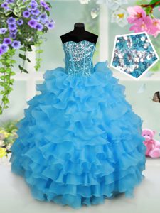Baby Blue Ball Gowns Beading and Ruffled Layers and Sequins Little Girl Pageant Gowns Lace Up Organza Sleeveless Floor Length