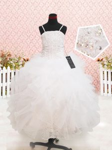 High Quality Floor Length White Little Girls Pageant Dress Organza Sleeveless Beading and Lace and Ruffles