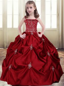 Latest Wine Red Little Girls Pageant Dress Quinceanera and Wedding Party with Beading and Pick Ups Spaghetti Straps Sleeveless Lace Up