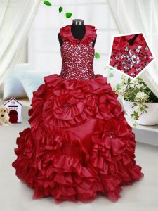 Luxurious Wine Red Taffeta Zipper Halter Top Sleeveless Floor Length Kids Pageant Dress Beading and Ruffles and Sequins