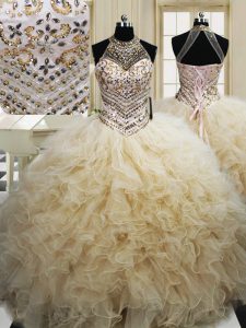 Modest Tulle Halter Top Sleeveless Lace Up Beading and Ruffles Sweet 16 Dress in Champagne