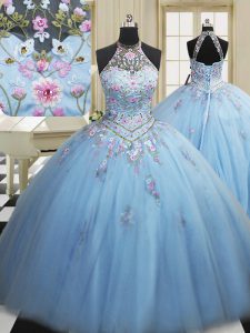 Fine High-neck Sleeveless Tulle Quinceanera Gown Embroidery Lace Up