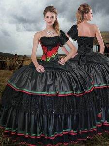 Affordable Sweep Train Ball Gowns 15 Quinceanera Dress Black One Shoulder Taffeta Sleeveless With Train Lace Up