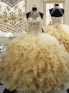 Champagne Lace Up Quinceanera Gown Beading and Ruffles Sleeveless With Train Sweep Train
