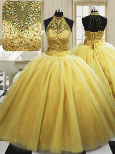 Fashion With Train Yellow Quinceanera Gown High-neck Sleeveless Sweep Train Lace Up
