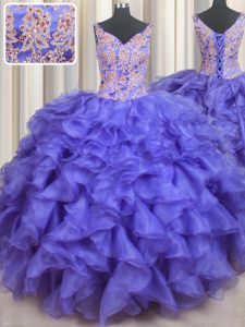 Excellent V Neck Blue Sleeveless Appliques and Ruffles Floor Length Sweet 16 Dress