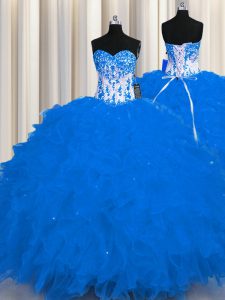 Latest Floor Length Ball Gowns Sleeveless Royal Blue Quince Ball Gowns Lace Up