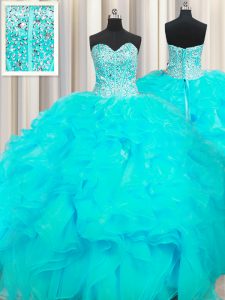 Custom Made Visible Boning Beaded Bodice Aqua Blue Sleeveless Floor Length Beading and Ruffles Lace Up Sweet 16 Quinceanera Dress