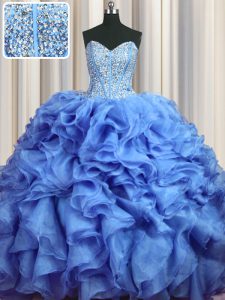 Modest Visible Boning Bling-bling Brush Train Baby Blue Ball Gowns Beading and Ruffles Quinceanera Gown Lace Up Organza Sleeveless With Train