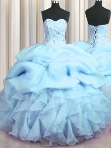 Glamorous Visible Boning Sleeveless Floor Length Beading and Ruffles and Pick Ups Lace Up Quinceanera Gown with Baby Blue