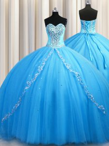 Brush Train Baby Blue Sweetheart Neckline Beading Ball Gown Prom Dress Sleeveless Lace Up