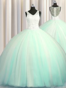 Dynamic Big Puffy Zipper Up Apple Green Sleeveless Tulle Brush Train Zipper Vestidos de Quinceanera for Military Ball and Sweet 16 and Quinceanera