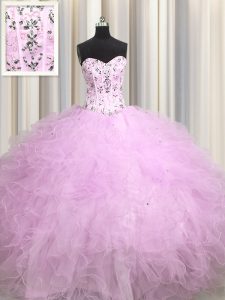 Superior Visible Boning Lilac Sleeveless Floor Length Beading and Appliques and Ruffles Lace Up Sweet 16 Dresses