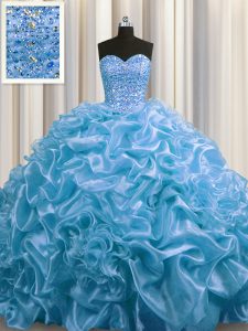 Superior Court Train Baby Blue Sweetheart Neckline Beading and Pick Ups Quince Ball Gowns Sleeveless Lace Up