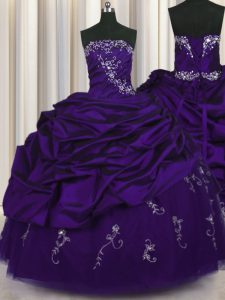 Pick Ups Embroidery Floor Length Purple Ball Gown Prom Dress Strapless Sleeveless Lace Up