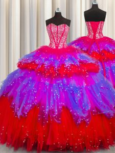 Bling-bling Visible Boning Floor Length Multi-color Quince Ball Gowns Tulle Sleeveless Beading and Ruffles and Ruffled Layers and Sequins