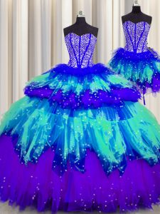 Stunning Three Piece Visible Boning Multi-color Sleeveless Tulle Lace Up Quinceanera Dresses for Military Ball and Sweet 16 and Quinceanera
