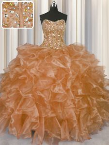 Attractive Visible Boning Champagne Sleeveless Beading and Ruffles Floor Length Quinceanera Dress
