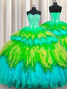 Bling-bling Visible Boning Sweetheart Sleeveless Ball Gown Prom Dress Floor Length Beading and Ruffles and Ruffled Layers and Sequins Multi-color Tulle