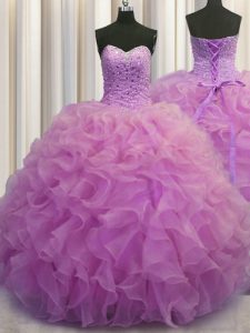 Flare Lilac Sleeveless Floor Length Beading and Ruffles Lace Up Vestidos de Quinceanera