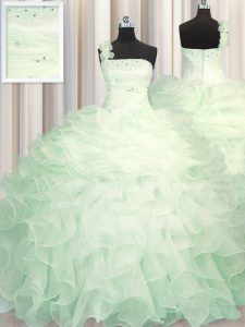 Free and Easy One Shoulder Floor Length Zipper Sweet 16 Dress Apple Green for Military Ball and Sweet 16 and Quinceanera with Beading and Ruffles