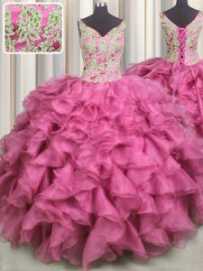 Suitable V Neck Rose Pink Sleeveless Beading and Ruffles Floor Length 15 Quinceanera Dress