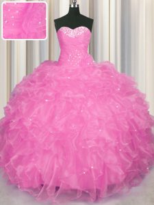 Top Selling Rose Pink Ball Gowns Organza Sweetheart Sleeveless Beading and Ruffles Floor Length Lace Up Sweet 16 Dress
